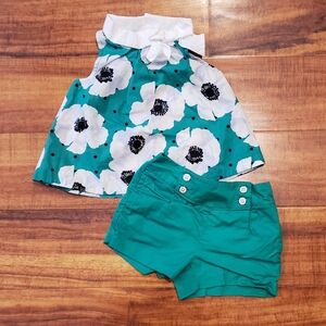 Janie and Jack EUC 12-18 months ivory/green/black poppy floral blouse & shorts